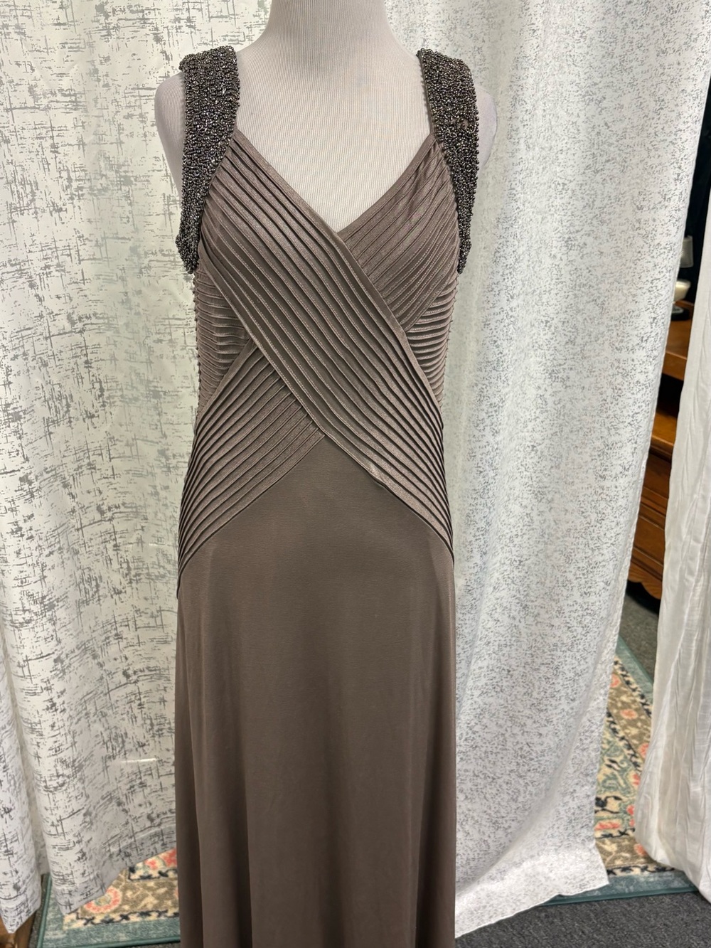Calvin Klein Taupe Brown Maxi Dress with Beaded Straps